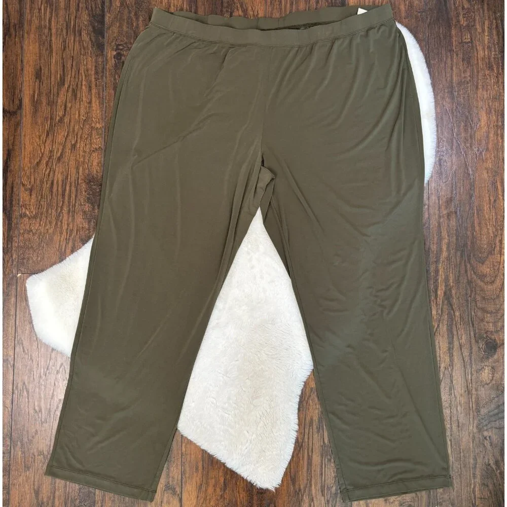 Susan Graver Pull-On Pants 3XT Olive Green Straight Leg Elastic Waist Stretch - Picture 1 of 11